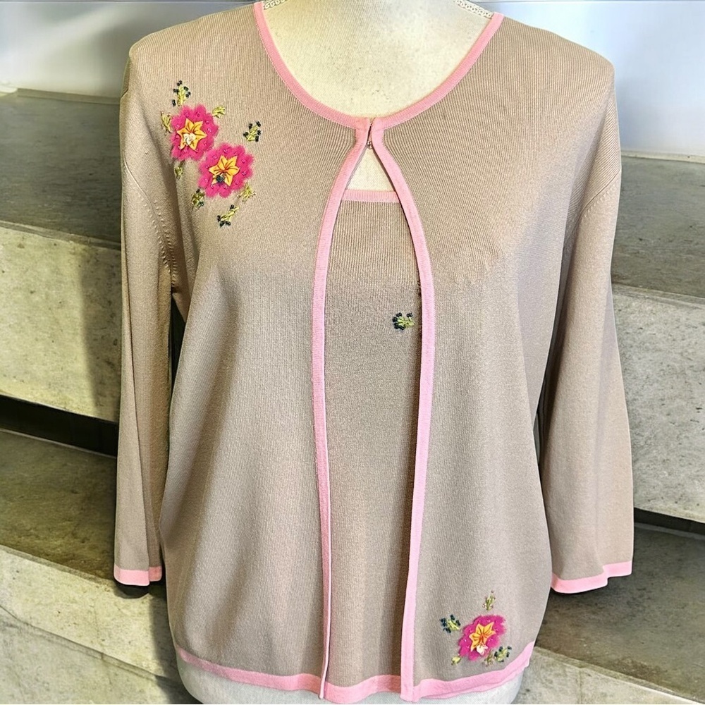 NWT Joseph A Taupe & Baby Pink Floral Embroidered Y2K Tank Top & Jacket Set L/XL